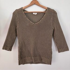 Lands End Canvas Olive Army Green V-Neck Open Knit Sweater Women’s Size Medium